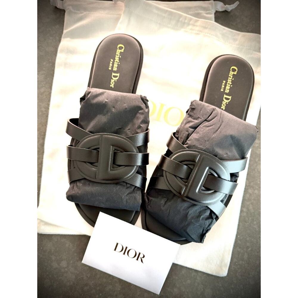 Christian Dior Black D-Club Calfskin Slide Sandals Size 38 NWT Box Dust Bag - Picture 2 of 10